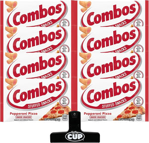 Combos Pepperoni Pizza Baked Cracker Singles, 1.7 oz Bag (Pack of 8) with By The Cup Bag Clip