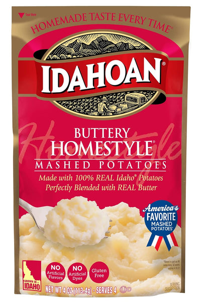 Idahoan Foods Buttery Homestyle Mashed Potatoes 4 oz Bag (Pack of 4) with By The Cup Swivel Spoon
