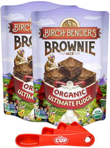 Birch Benders Organic Ultimate Fudge Brownie Mix, 15.2 oz (Pack of 2) with By The Cup Swivel Spoons