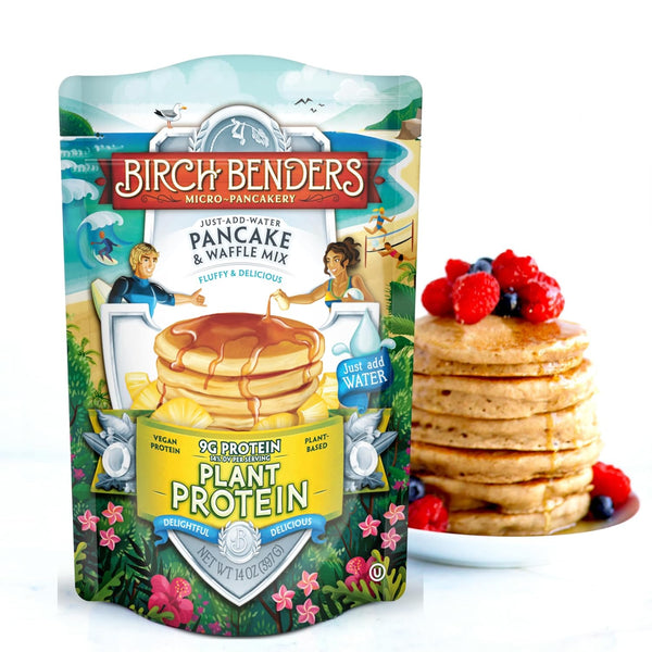 Birch Benders Plant Protein Pancake and Waffles Mix, 14oz (Pack of 2) with By The Cup Swivel Spoons