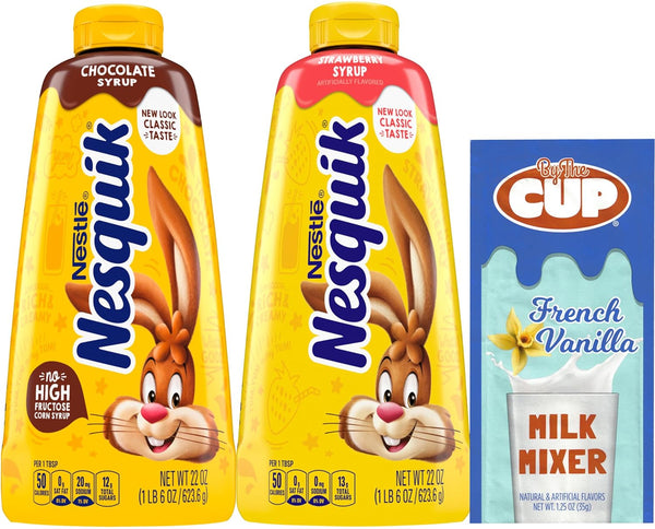 Nesquik Strawberry & Chocolate Syrup Bundle, 22 oz Bottle of each (Pack of 2) with By The Cup Milk Mixer