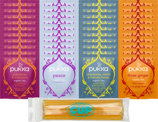 Pukka Herbal Tea Bag Variety, 4 Flavors, 10 of each (Pack of 40) with By The Cup Honey Sticks