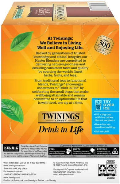 Twinings Tea Earl Grey K-Cups, 24 Count (Pack of 2) with By The Cup Honey Sticks