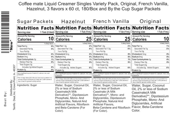 Coffee mate Liquid Creamer Singles Variety Pack, Original, French Vanilla, Hazelnut, 3 Flavors x 60 ct, 180/Box and By The Cup Sugar Packets