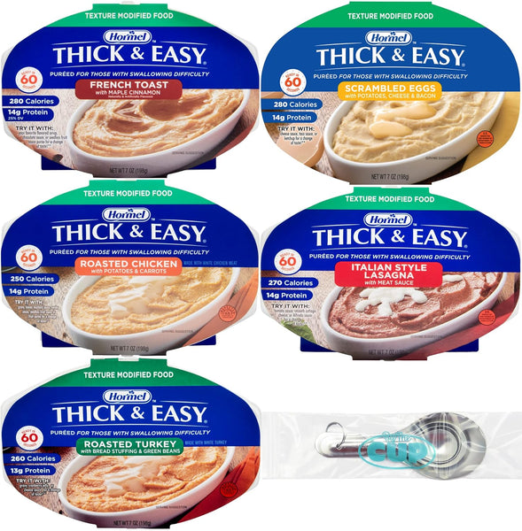 Hormel Thick & Easy Pureed Meals Variety, Scrambled Eggs, French Toast, Roasted Chicken, Lasagna, and Roasted Turkey with By The Cup Stainless Steel Measuring Spoons