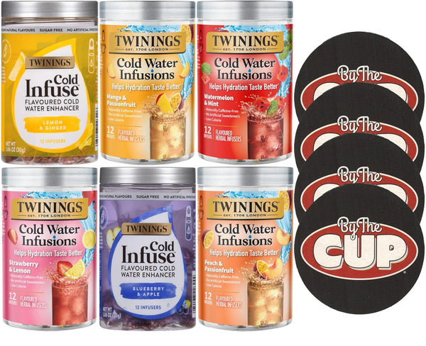 Twinings Cold Infuse Variety, 6 Flavor (Pack of 6) with By The Cup Coasters