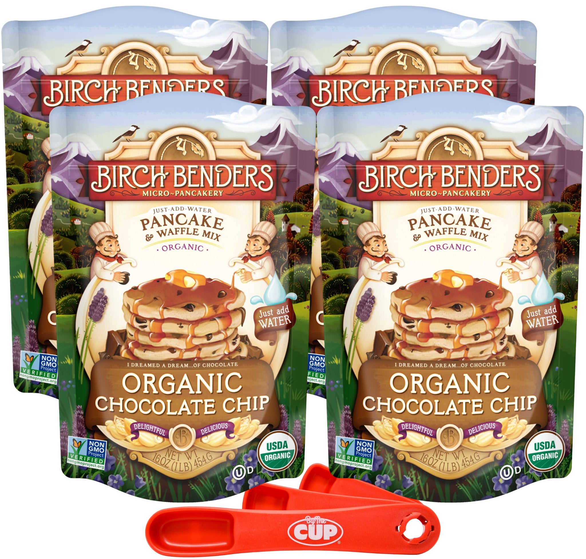 Birch Benders Organic Chocolate Chip Pancake and Waffle Mix, 16 oz (Pack of 4) with By The Cup Swivel Spoons