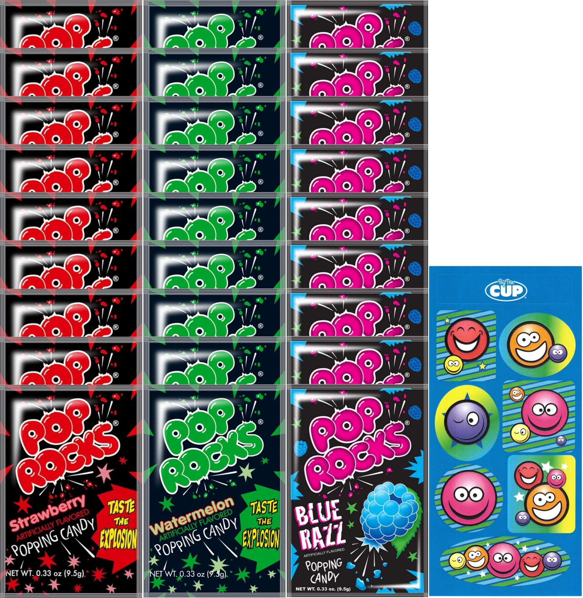 Pop Rocks Variety Pack, 3 Flavor (Pack of 30) 10 of each 0.33 oz Packets with By The Cup Stickers