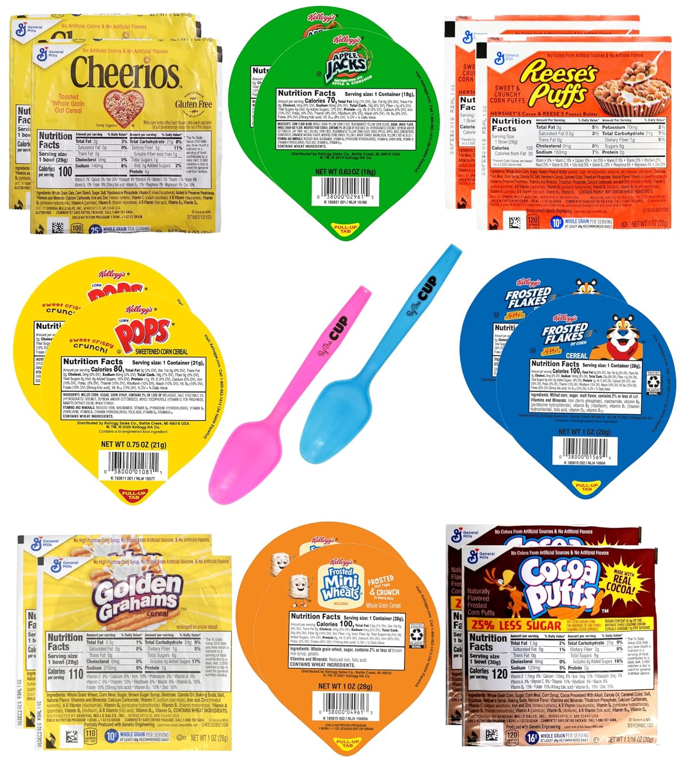 Kellogg's & General Mills Cereal Bowl Variety - Apple Jacks, Golden Grahams, Cocoa Puffs, Corn Pops, Frosted Flakes and More with By The Cup Mood Spoons