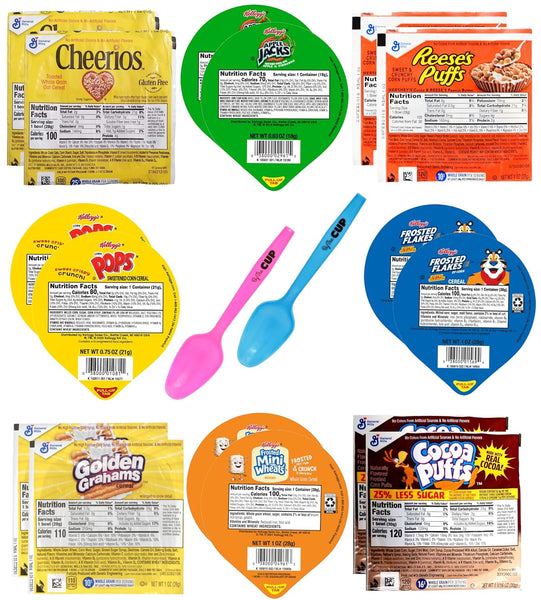 Kellogg's & General Mills Cereal Bowl Variety - Apple Jacks, Golden Grahams, Cocoa Puffs, Corn Pops, Frosted Flakes and More with By The Cup Mood Spoons