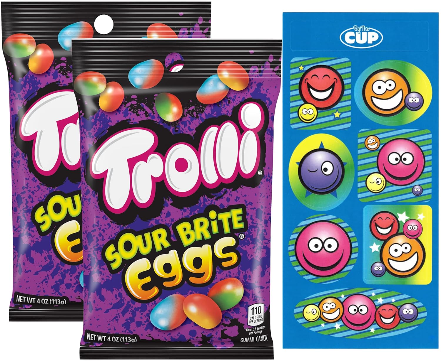 Trolli Sour Brite Eggs Gummi Candy, 4 Ounce Bag (Pack of 2) with By The Cup Stickers