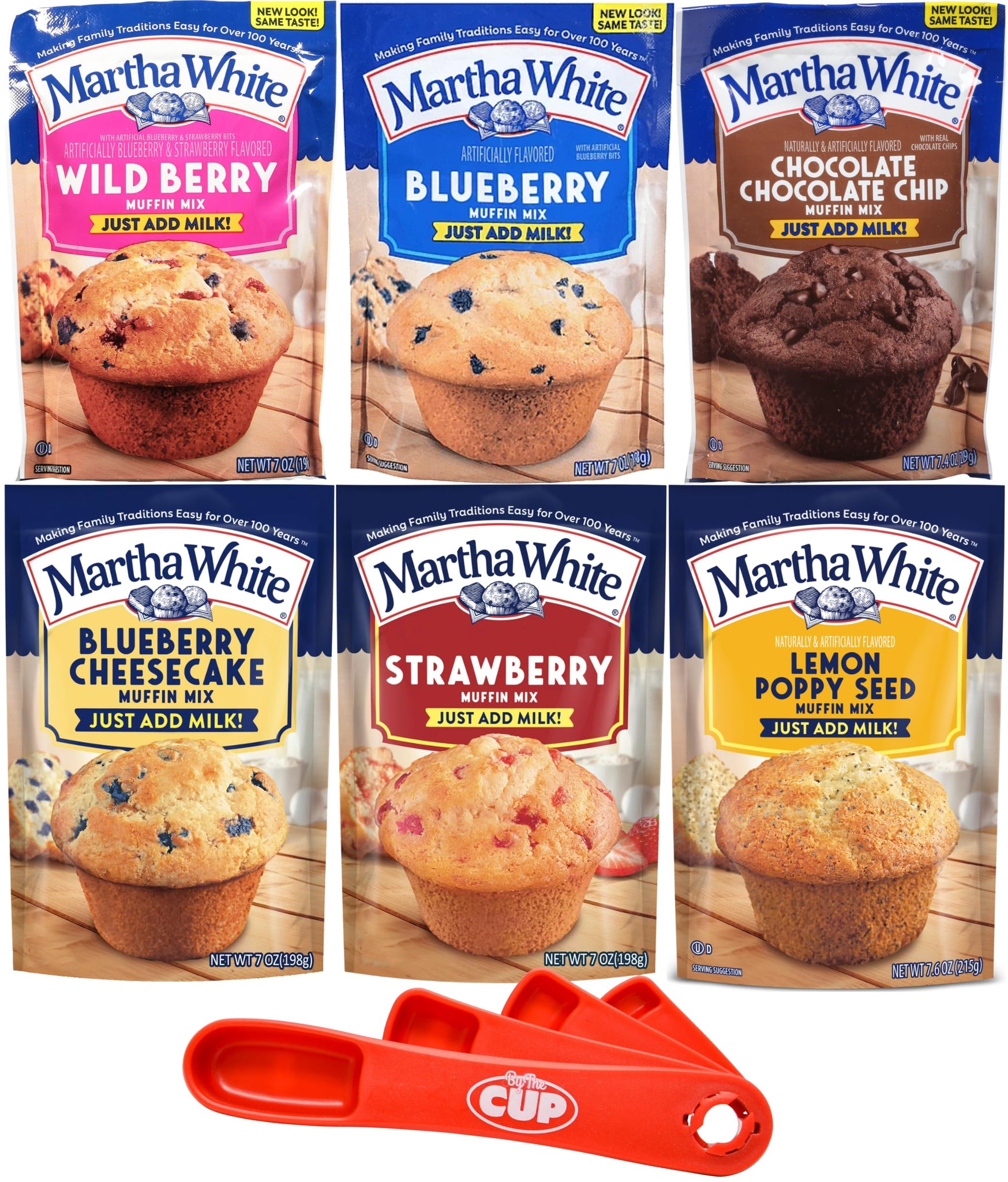 Martha White Muffin Mix Variety, WildBerry, Blueberry, Chocolate Chocolate Chip, Blueberry Cheesecake, Strawberry, Lemon Poppy (Pack of 6) with By The Cup Swivel Spoons