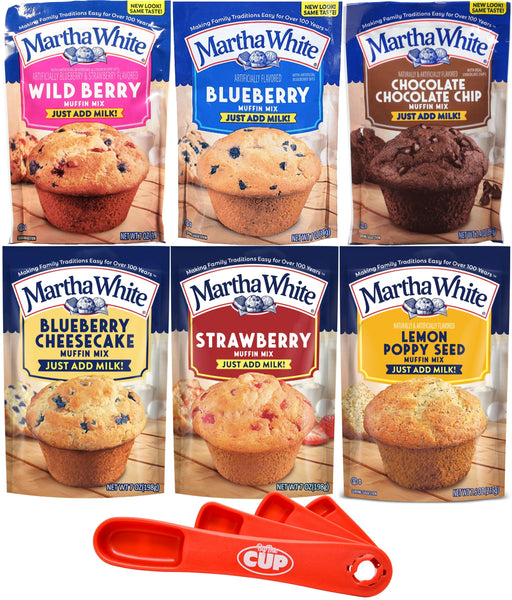 Martha White Muffin Mix Variety, WildBerry, Blueberry, Chocolate Chocolate Chip, Blueberry Cheesecake, Strawberry, Lemon Poppy (Pack of 6) with By The Cup Swivel Spoons