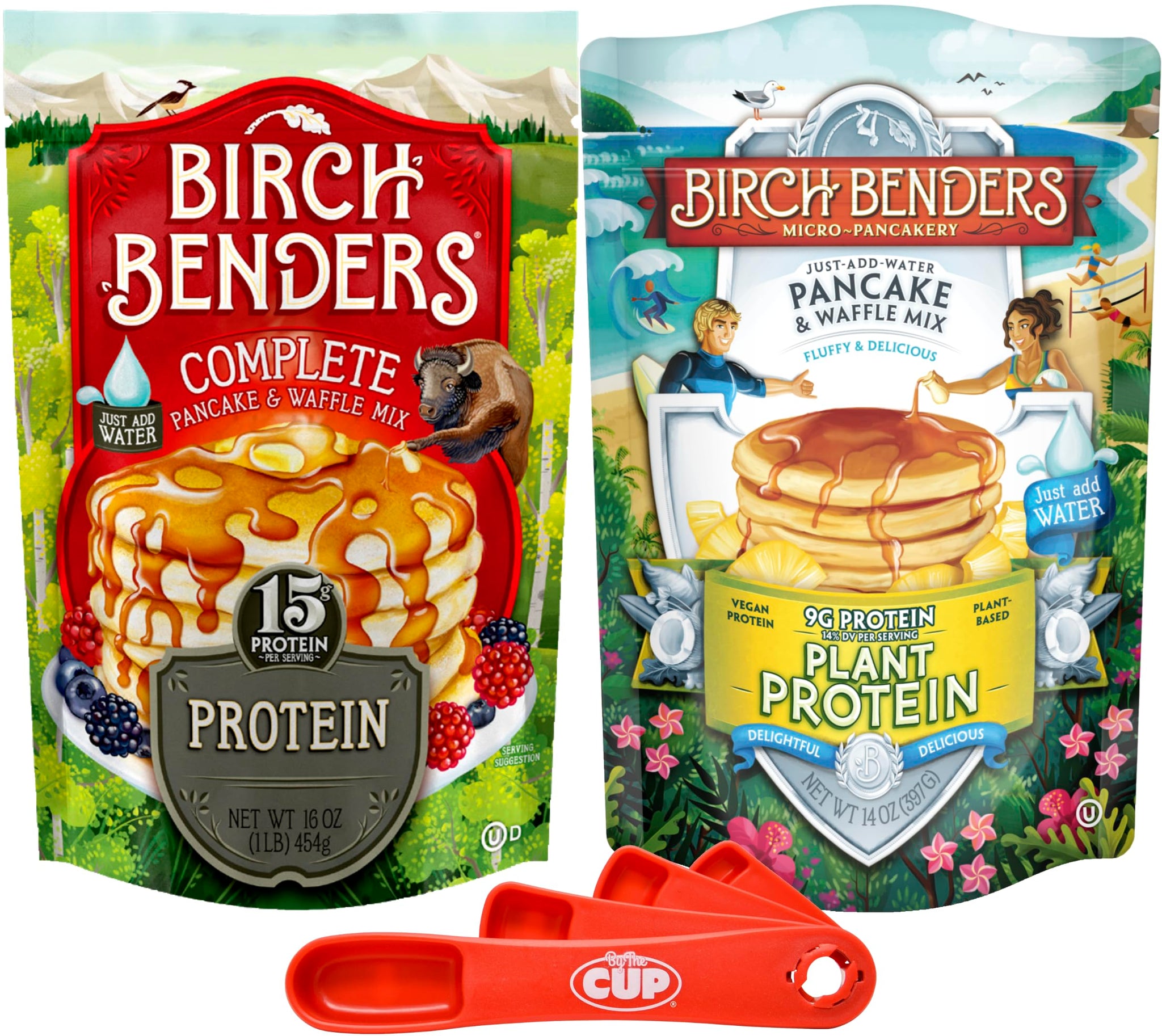 Birch Benders Protein and Plant Protein Pancake & Waffle Mix (Pack of 2) with By The Cup Swivel Spoons