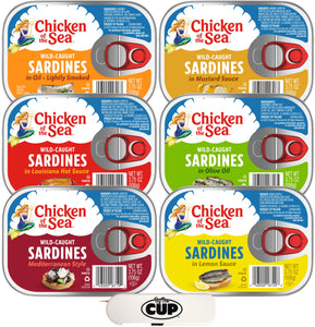 Chicken of the Sea Sardines, 6 Flavor Variety, 1 of each, 3.75 oz (Pack of 6) with By The Cup Toothpicks