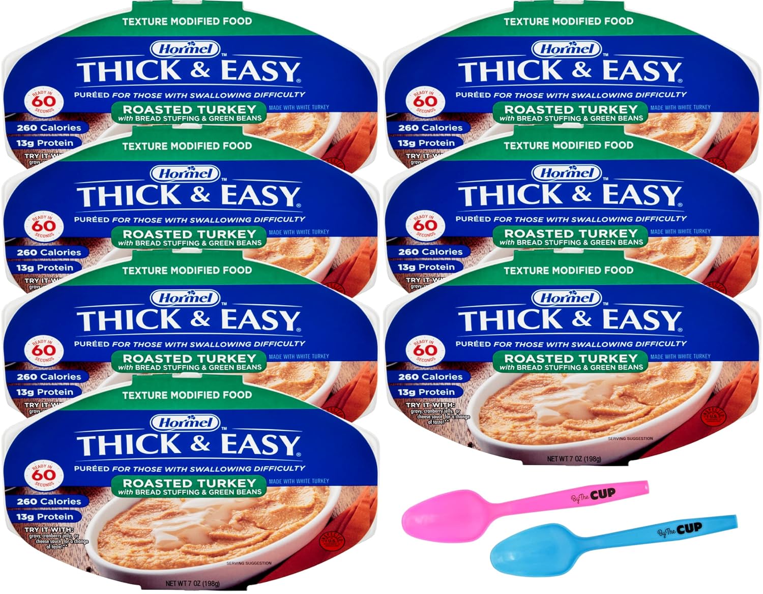 Hormel Thick & Easy Pureed Meals, Roasted Turkey With Bread Stuffing & Green Beans, 7 oz (Pack of 7) with By The Cup Mood Spoons