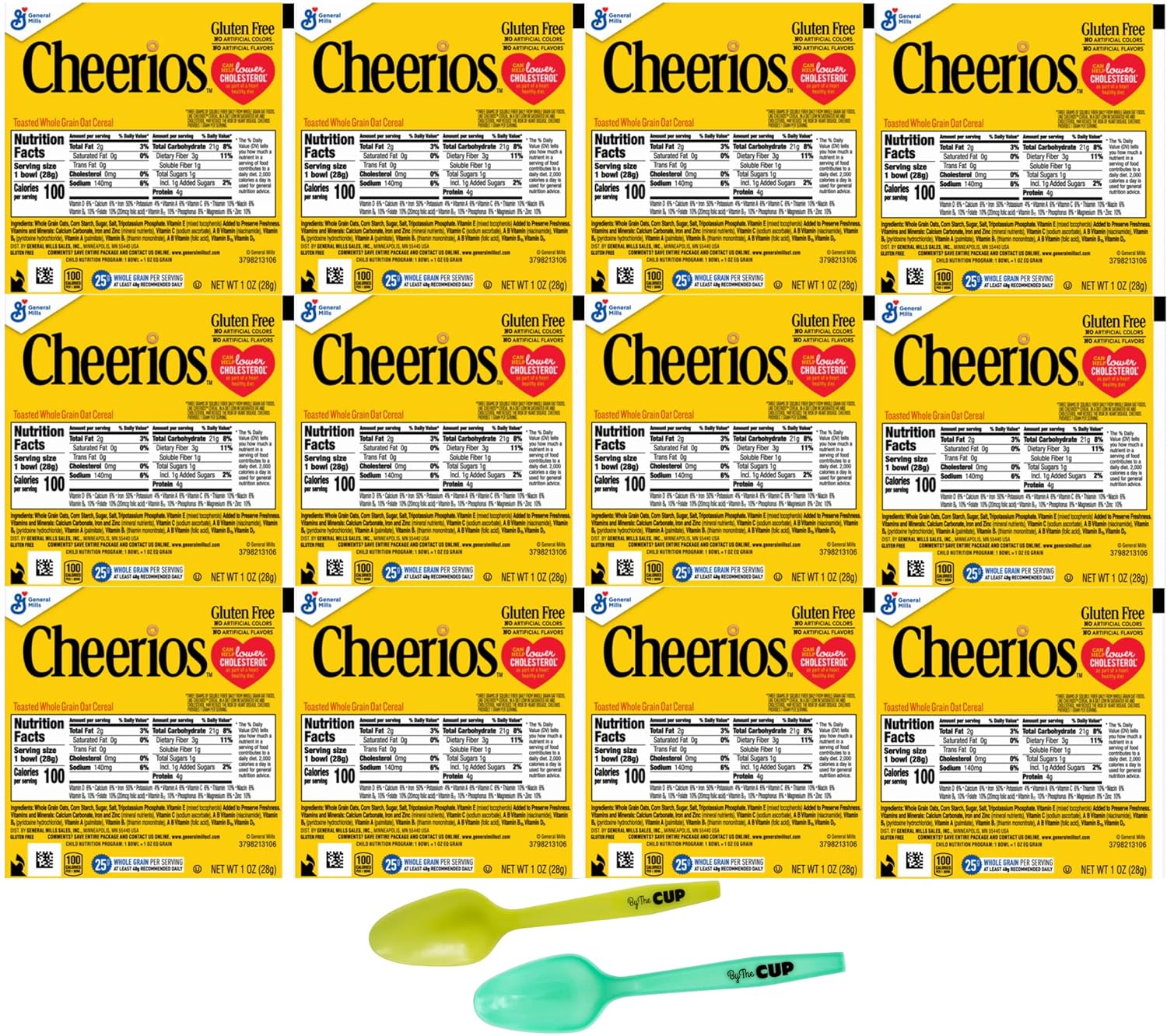Cheerios Toasted Whole Grain Gluten-Free Cereal, 1.0 oz Single Serve Bowls (Pack of 12) with 2 By The Cup Mood Spoons