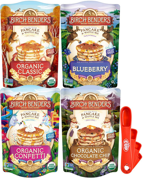 Birch Benders Pancake and Waffle Mix Variety: (Pack of 4) Organic Classic, Blueberry, Organic Confetti, Organic Chocolate Chip with By The Cup Swivel Spoons