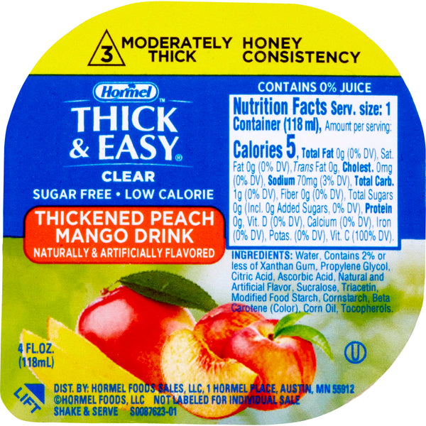 Hormel Thick & Easy Sugar Free Peach Mango, Clear Single Serve Level 3 Honey Consistency Thickened Beverage, 4 oz Cup (Pack of 24) with 4 By The Cup Coasters