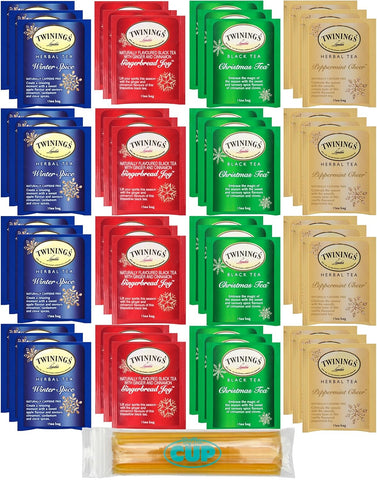 Twinings Holiday Black & Herbal Tea Collection (48 Count) Four Seasonal Winter Flavors with By The Cup Honey Sticks