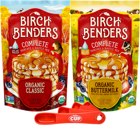 Birch Benders Organic Classic and Organic Buttermilk Pancake & Waffle Mix (Pack of 2) with By The Cup Swivel Spoons