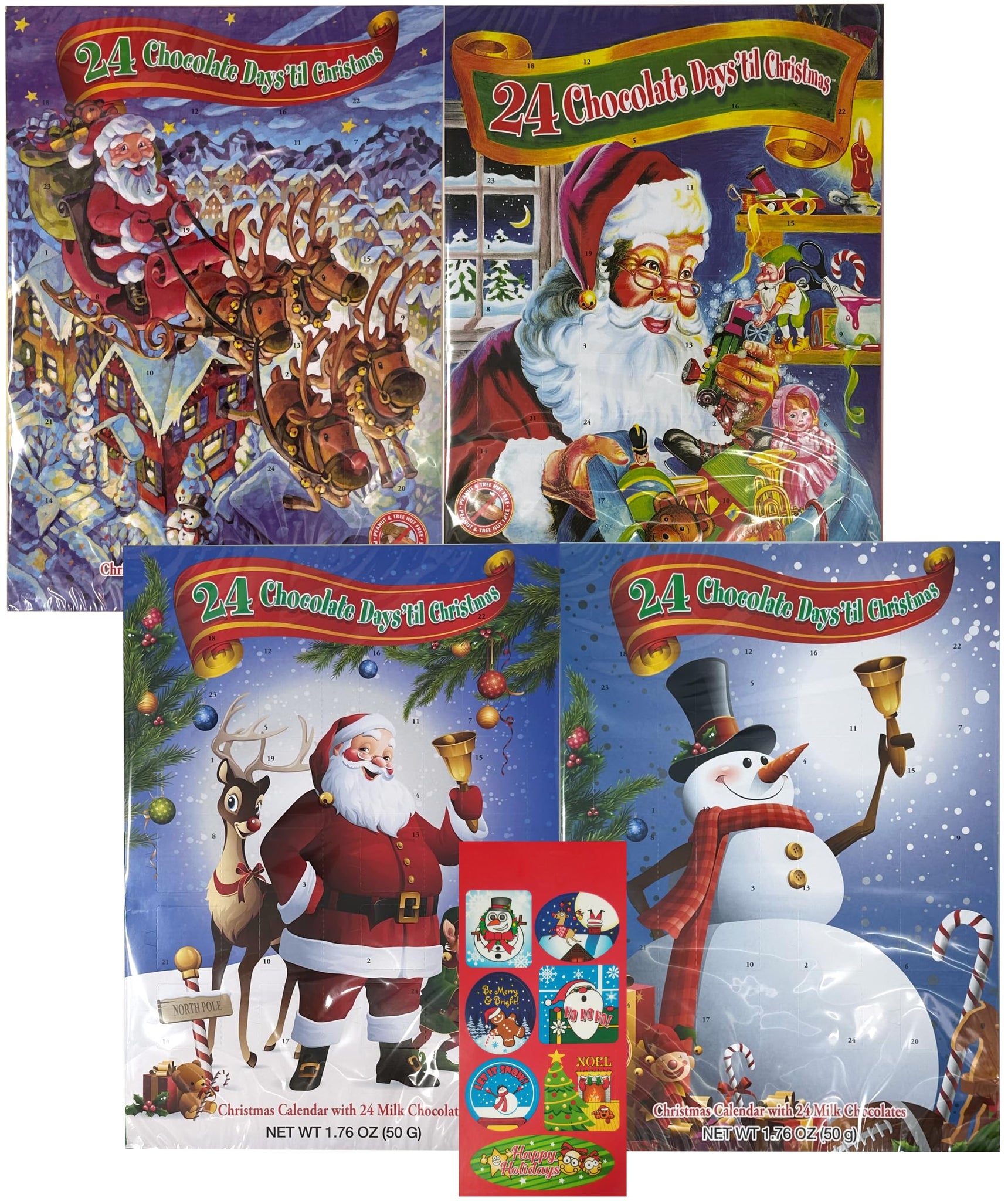 By The Cup Christmas Advent Calenda 24 Chocolate days to Christmas (Pack of 4) with 1 Sheet of Christmas Stickers