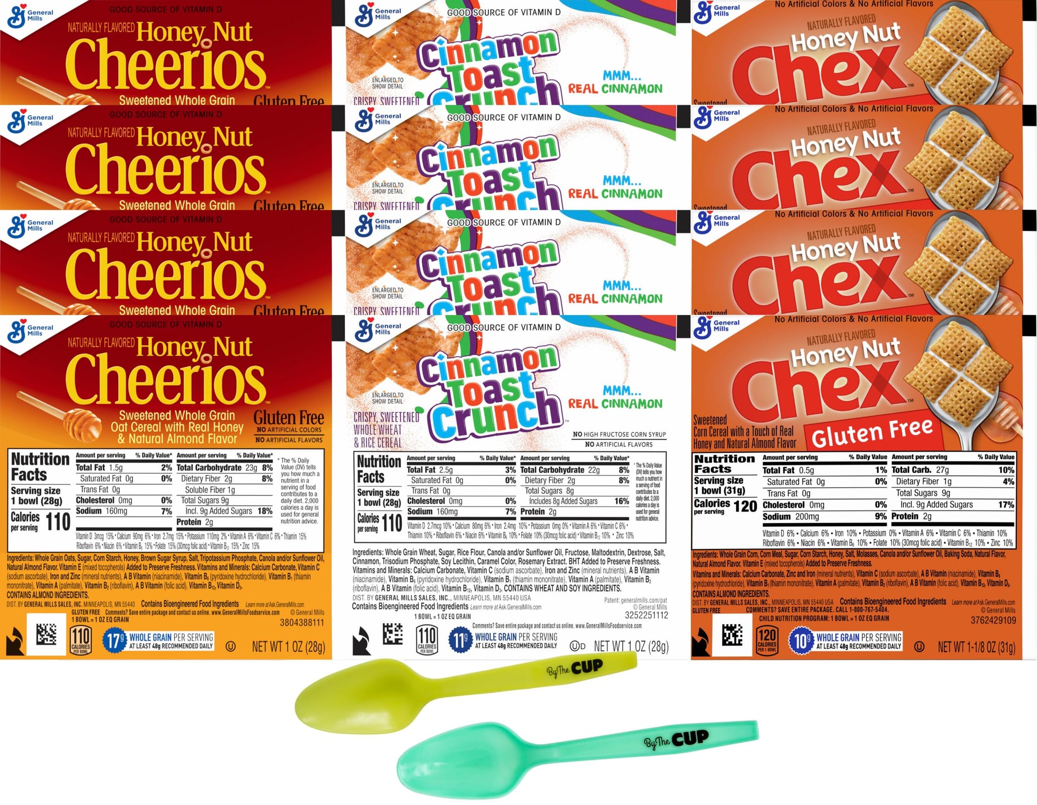 General Mills Single Serve Cereal Bowl Variety, Honey Nut Cheerios, Cinnamon Toast Crunch, Honey Nut Chex, 4 of each (Pack of 12) with By The Cup Mood Spoons