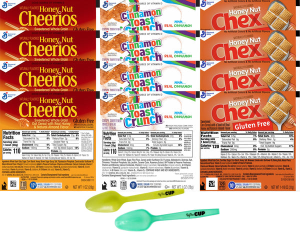 General Mills Single Serve Cereal Bowl Variety, Honey Nut Cheerios, Cinnamon Toast Crunch, Honey Nut Chex, 4 of each (Pack of 12) with By The Cup Mood Spoons