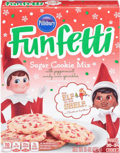 Funfetti, The Elf On The Shelf Sugar Cookie Mix with Peppermint Candy Cane Sprinkles (Pack of 3), 15 oz Boxes with By The Cup Christmas Stickers