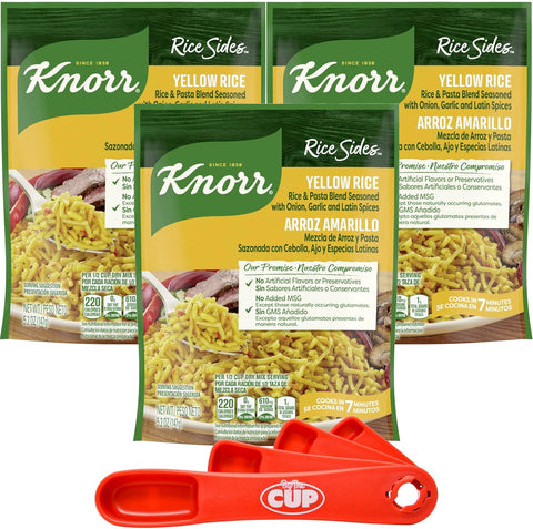 Knorr Rice Sides, Yellow Rice Flavor, 5.2 oz (Pack of 3) with By The Cup Swivel Spoons