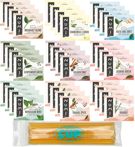Numi 36 Count, 9 Flavor, Organic Tea Bag Sampler with By The Cup Honey Sticks