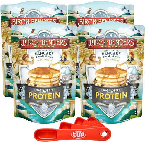 Birch Benders Protein Pancake and Waffle Mix, 16 oz (Pack of 4) with By The Cup Swivel Spoons