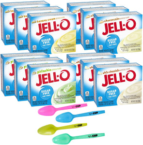 Jell-O Sugar Free Instant Pudding & Pie Filling Mix, 3 of each: Cheesecake, Pistachio, White Chocolate, Banana Cream with By The Cup Mood Spoons
