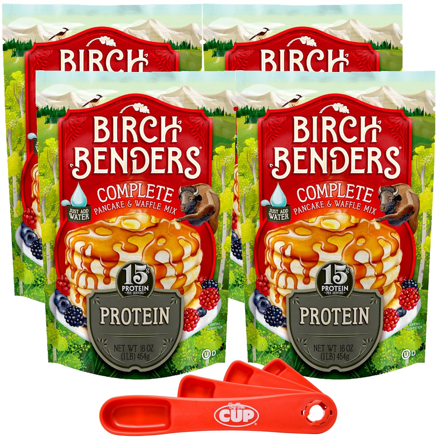 Birch Benders Protein Pancake and Waffle Mix, 16 oz (Pack of 4) with By The Cup Swivel Spoons