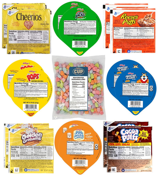 Kellogg's & General Mills Cereal Bowl Variety - Frosted Flakes, Frosted Mini Wheats, Cheerios, Cocoa Puffs and More with 1 Bag of Cereal Marshmallows