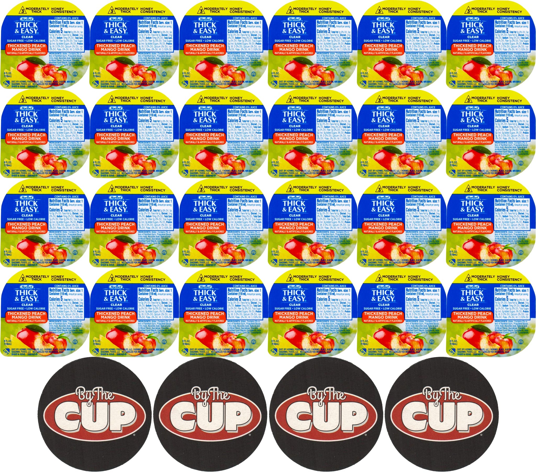 Hormel Thick & Easy Sugar Free Peach Mango, Clear Single Serve Level 3 Honey Consistency Thickened Beverage, 4 oz Cup (Pack of 24) with 4 By The Cup Coasters