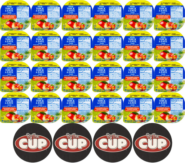 Hormel Thick & Easy Sugar Free Peach Mango, Clear Single Serve Level 3 Honey Consistency Thickened Beverage, 4 oz Cup (Pack of 24) with 4 By The Cup Coasters