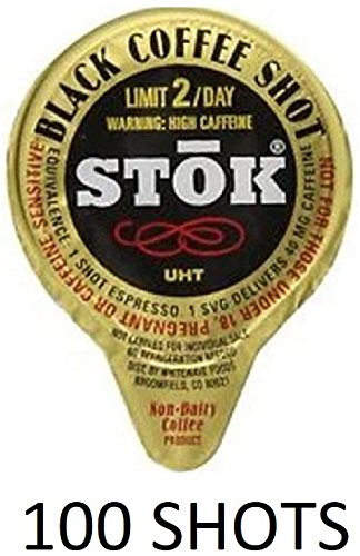 SToK Caffeinated Black Unsweetened Cold Brew Coffee Shots 100 Count - With 20 Exclusive By The Cup Sugar Packets