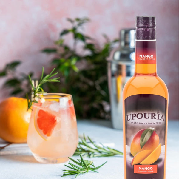 Upouria Mango Flavored Syrup, Great for Cocktails, Sodas and Lemonades, 100% Vegan, Gluten-Free, Kosher, 750 mL Bottle - Syrup Pump Included