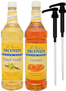 Monin Sugar Free Coffee Syrup Variety - Sugar Free French Vanilla and Caramel Syrup 1 Liter Bottles with 2 By The Cup Coffee Syrup Pumps