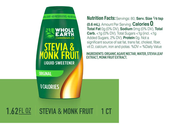 Whole Earth Liquid Stevia & Monk Fruit Sweetener 1.62 Ounce Variety Pack of 3 Original, Vanilla & Raspberry with By The Cup Travel Mug