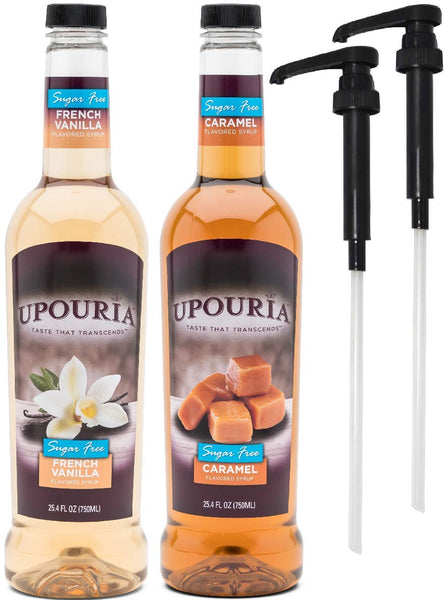 Upouria Skinny Syrup Sugar Free Coffee Syrup Variety Pack - French Vanilla and Caramel Flavoring, 100% Gluten Free, Vegan, and Non Dairy 750 mL Bottle - 2 Coffee Syrup Pumps Included