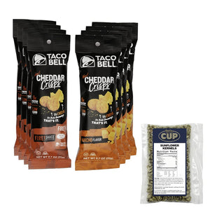 Taco Bell Cheddar Crisps Variety, Fire and Nacho .7 oz, 4 of each Flavor (Pack of 8) with By the Cup Sunflowers Kernels