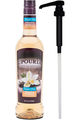 Upouria Sugar Free French Vanilla Coffee Syrup Flavoring, 100% Vegan, Gluten Free, Kosher, Keto, 750 mL Bottle - Coffee Syrup Pump Included