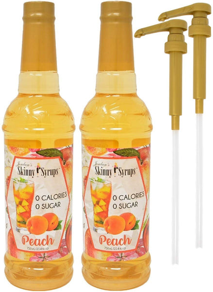 Jordan's Skinny Syrups Sugar Free Peach 750 ml Bottles (Pack of 2) with 2 By The Cup Syrup Pumps