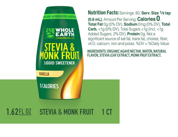 Whole Earth Liquid Stevia & Monk Fruit Sweetener 1.62 Ounce Variety Pack of 3 Original, Vanilla & Raspberry with By The Cup Travel Mug