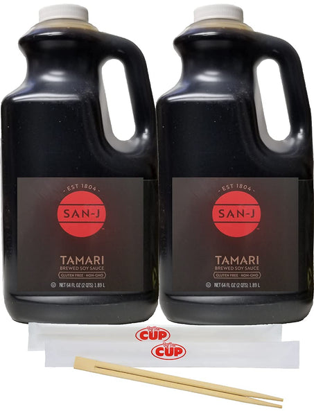San-J Tamari Gluten-Free Black Label Soy Sauce, 64 Ounce Bottle (Pack of 2) - with 2 Packs of Chopsticks