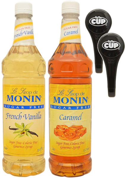 Monin Sugar Free Coffee Syrup Variety - Sugar Free French Vanilla and Caramel Syrup 1 Liter Bottles with 2 By The Cup Coffee Syrup Pumps