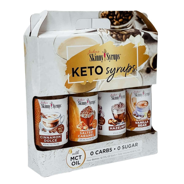 Jordan's Skinny Syrups Sugar Free Keto Quad Includes: Cinnamon Dolce, Salted Caramel, Hazelnut, and Vanilla Bean 12.7 fl oz Bottles (Pack of 1) with By The Cup Coasters
