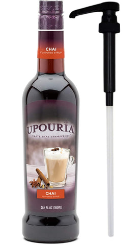 Upouria Chai Coffee & Tea Syrup Flavoring, 100% Vegan, Gluten-Free, Kosher, 750 mL Bottle - Coffee Syrup Pump Included